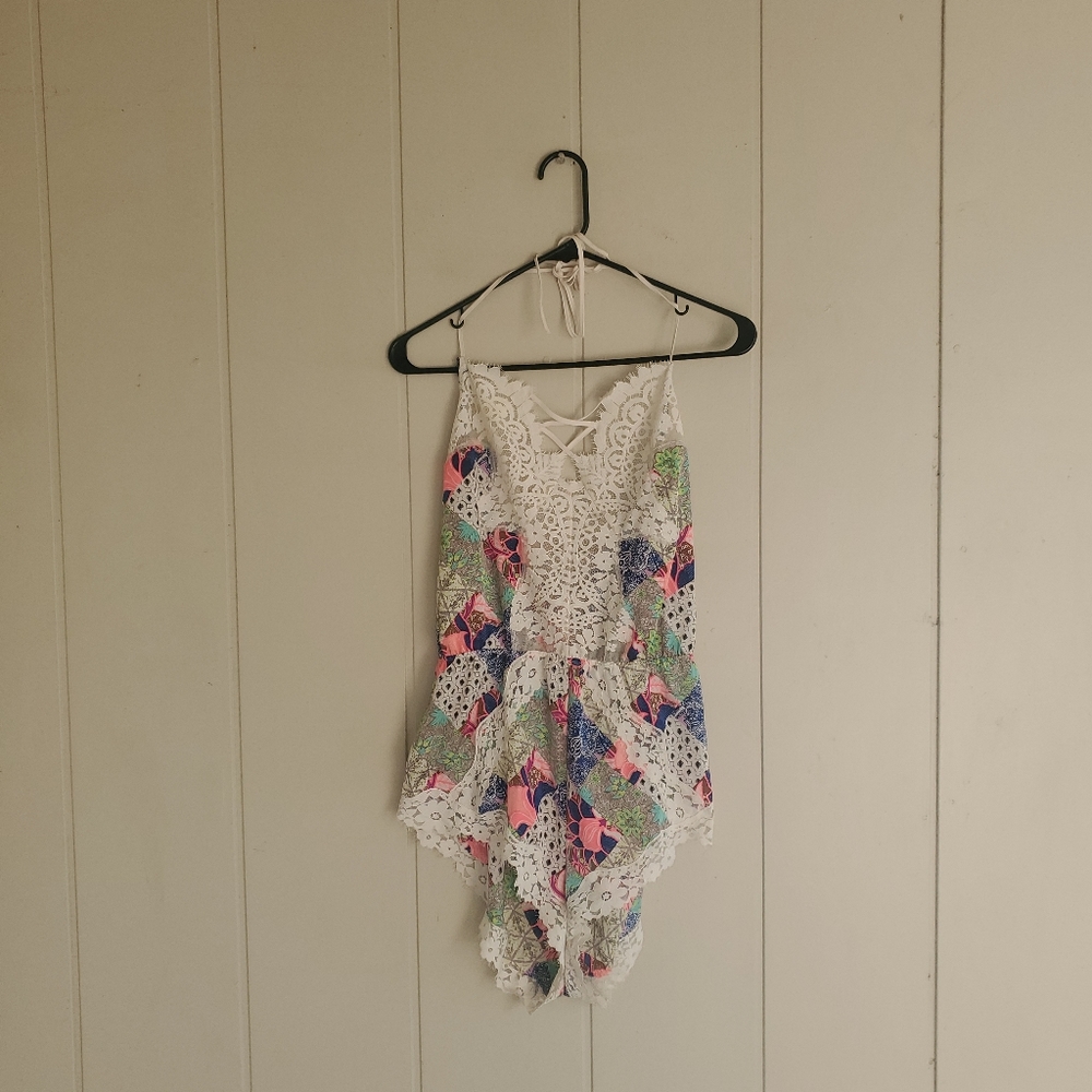 Victorias Secret Romper Womens  medium Y2K Mixed Print Lace Floral Halter